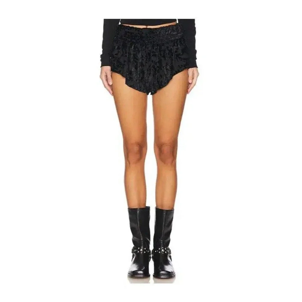 Free People NEW Snow Angel Micro‎ Shorts LARGE Black Velvet Burnout Ruffles